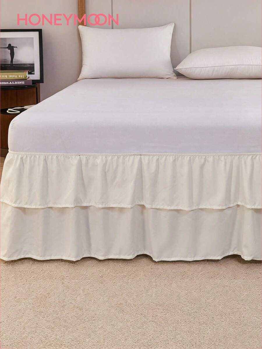 1pc Double Layer Lightweight Ruffle Bed Skirt, Classic Style, Soft & Fashionable, 100% Microfiber Material, 15.7 Inch Drop, Suitable For Home And Student Dorm, Machine Washable - Beige - View 1