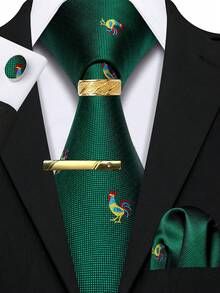5Pcs Men Green Rooster Pattern Tie Pocket Square Cufflinks Ring Tie Clip Set, Random Cufflink Pattern, Accessories For Wedding - Green - View 1