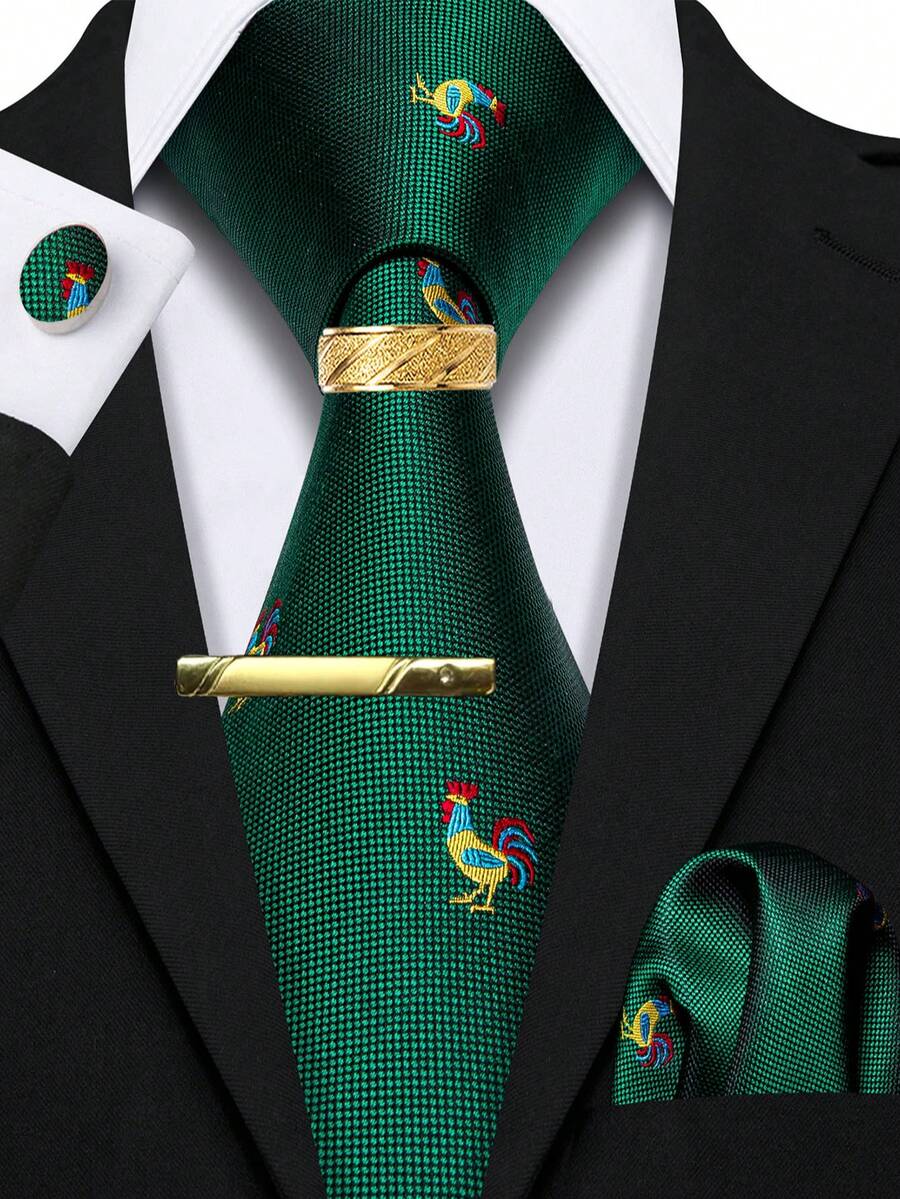 5Pcs Men Green Rooster Pattern Tie Pocket Square Cufflinks Ring Tie Clip Set, Random Cufflink Pattern, Accessories For Wedding - Green - View 1
