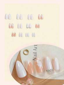 24pcs Medium Almond French Tip Press-On Nails, Floral Glitter And Rhinestone Elegant Design Full Coverage Fake Nails, Suitable For Women And Girls Daily Wear - Multicolor - View 2