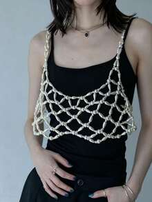 DEKUNER Cute Handmade Beaded Pearl Short Camisole, Hollow Mesh Sheer Layering Vest, Suitable For Daily Wear - White - View 1