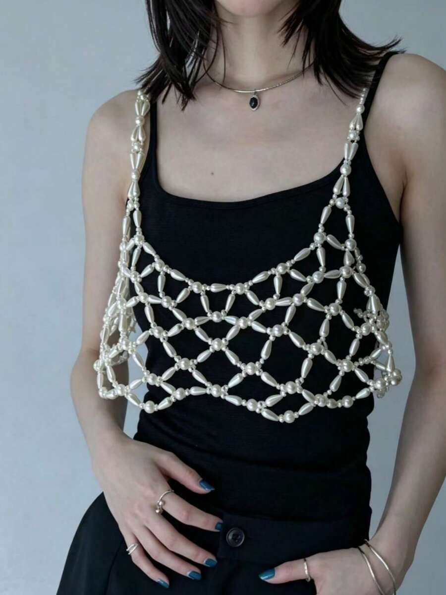 DEKUNER Cute Handmade Beaded Pearl Short Camisole, Hollow Mesh Sheer Layering Vest, Suitable For Daily Wear - White - View 1
