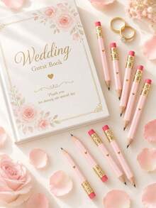 1-50pcs Mini Heart-Shaped Gold Foil Pencils With Erasers, 4inch/10cm Mini HB Hexagonal Golf Pencils With 1 Pencil Sharpener, Gift For Wedding (Pimk) - Pink - View 2