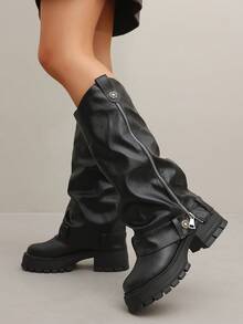 Women Knee High Boots, Zip Closure, Buckle Strap, Chunky Sole - Black - View 3