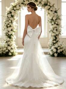 Satin 3D Large Bow Mesh Train Back Decor Wedding Dress Atmosphere Decorative Waist Belt - White - View 1