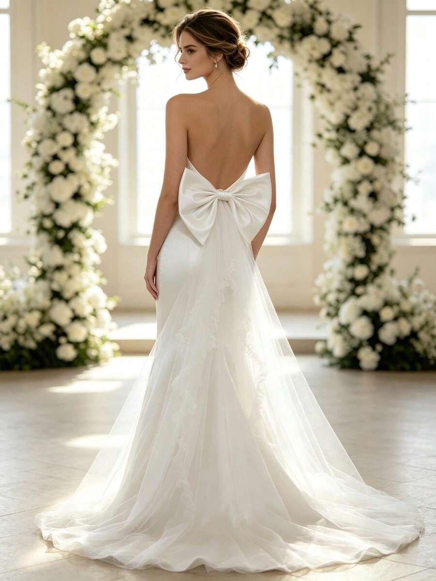 Satin 3D Large Bow Mesh Train Back Decor Wedding Dress Atmosphere Decorative Waist Belt - White - View 1