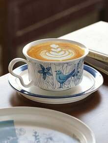 1 Set Chinese Blue And White Ceramic Coffee Cup And Saucer, Premium Ceramic Dinnerware, Breakfast Cup, Dessert Plate, Pasta Plate, Suitable For Home, Restaurant, Cafe, Gift, Party, Office - Blue - View 4