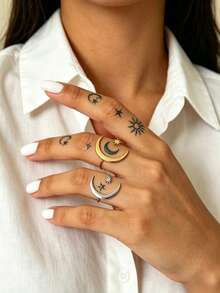 1pc Fashion New Minimalist Star & Moon Decor Stainless Steel Open Adjustable Ring, Casual Versatile Women's Jewelry Suitable For Daily Wear, Silver/Gold Color - Multicolor - View 1