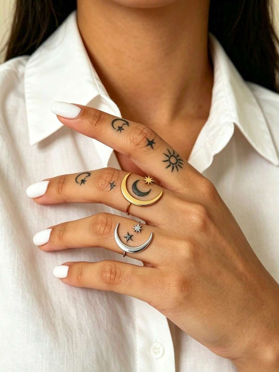 1pc Fashion New Minimalist Star & Moon Decor Stainless Steel Open Adjustable Ring, Casual Versatile Women's Jewelry Suitable For Daily Wear, Silver/Gold Color - Multicolor - View 1