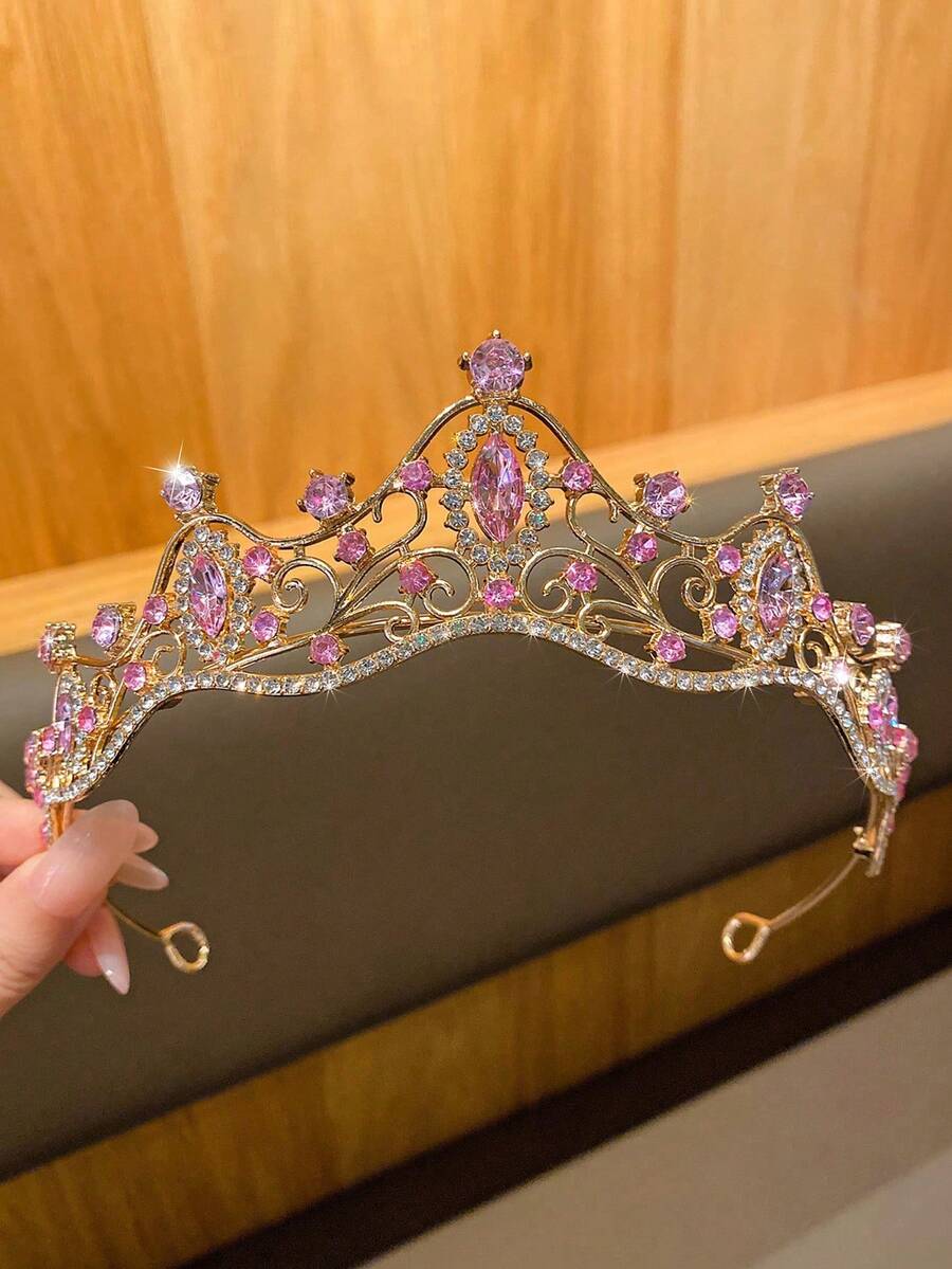 1件紫色寶石金色公主皇冠髮箍,復古鏤空閃亮頭飾,適合女性生日、舞會、選美比賽、派對、Cosplay、新娘 - 粉色 - 查看 1