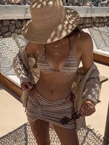 Bikinx 女款夏季海灘波浪圖案掛脖綁帶性感比基尼兩件式泳衣套裝，附遮陽罩裙，度假款 - 彩色 - 查看 8