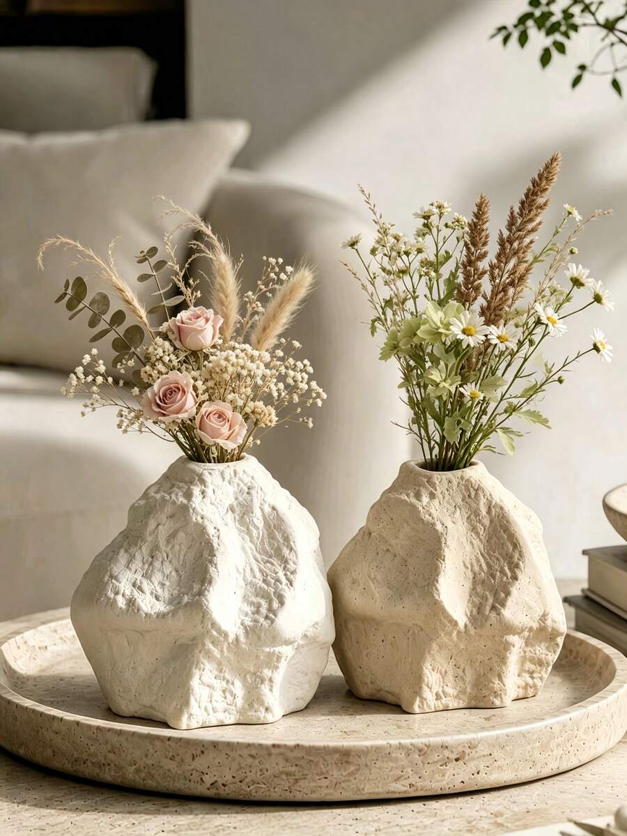 1Pc Wabi‑Sabi Irregular Rock‑Shaped Decorative Vase, Textured Surface Flower Container, Aesthetic Table Centerpiece Ornament For Living Room Desktop Home Display - Rock Vase - View 1