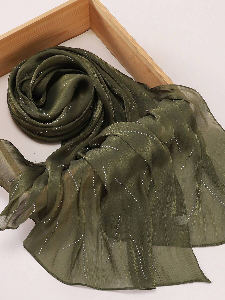 1pc Solid Color Fashionable Rectangular Textured Chiffon Hijab Scarf - Army Green Rhinestone - View 1