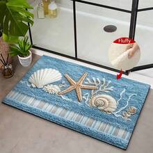 1PC Faux Cashmere Starfish Shell Seaweed Print Bath Rug, Soft Non‑Slip Absorbent Low‑Pile Knit Bathroom Mat, Doormat For Bedroom Kitchen Entryway Indoor Use, Home Decor Accessory, Ideal Housewarming Gift - A - View 3