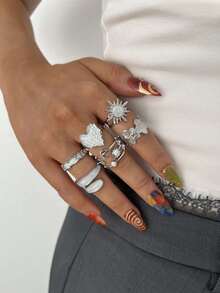 6pcs Elegant Vintage Fashion Oil Drop Heart Flower Star Moon Geometric Hollow Out Rings Set, Suitable For Women's Daily Wear - Silver - View 2