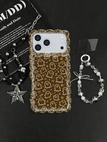 1pc Coffee Brown Base Simple Ghost Star Moon Heart Halloween Full Print Pattern Anti-Fall High Transparency Transparent Silicone Soft Shell Material Wavy Edge Full Coverage Style Optional Bowknot Silver White Pearl Chain Lanyard Vintage Coffee Brown Ghost Halloween Phone Case Compatible With Apple Android All Models Minimalist Atmosphere Anti-Fall Protective Case - Clear - View 1
