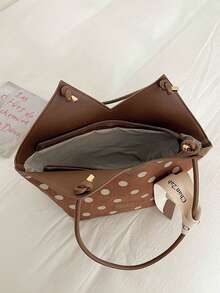Bolso de tela con estampado de lunares y textura, con correa de cinta y decoración de letras, estilo vintage casual, adecuado para el uso diario, compras, viajes, atuendo enérgico y de moda, bolso tipo abanico en forma de V - Marrón - Ver 4
