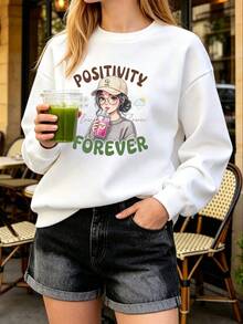 Women's White Round Neck Long Sleeve Pullover Sweatshirt With Rib-Knit Details And 'Positivity Forever' Graphic Print, Casual Style, - White - View 3