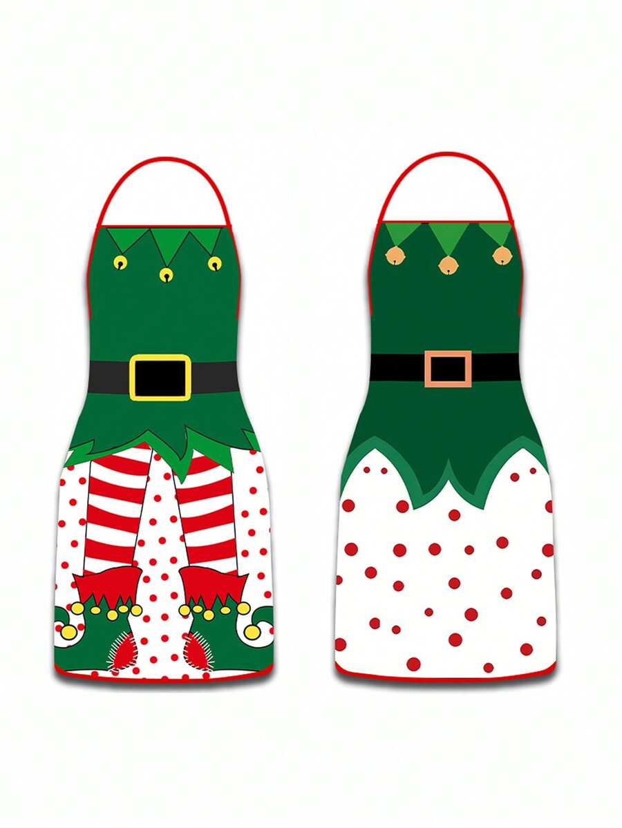 2pcs/1pc Christmas Aprons For Men And Women -Dark Green Fairy Print Pattern, Couple Aprons For Men And Women, Suitable For Christmas Party, Apron Kitchen - Multicolor - View 1
