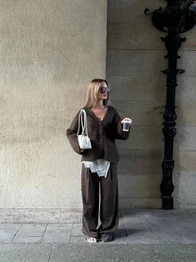 Autumn/Winter Retro Old Money Style Loose Women's Sweater Cardigan, V-Neck Button Front - Coffee Brown - View 7