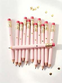 1-50pcs Mini Heart-Shaped Gold Foil Pencils With Erasers, 4inch/10cm Mini HB Hexagonal Golf Pencils With 1 Pencil Sharpener, Gift For Wedding (Pimk) - Pink - View 4