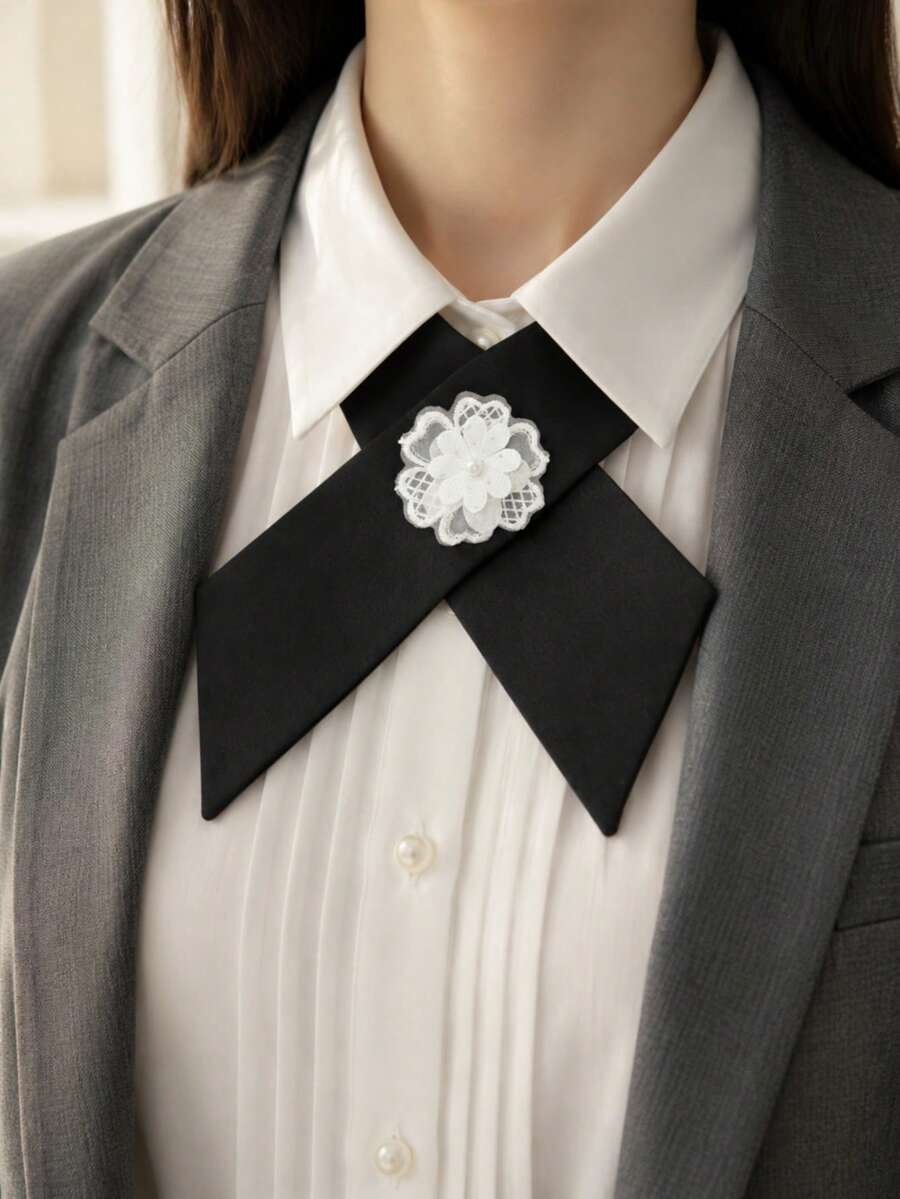 Solid Color Cross-Neck Bow Tie, Versatile Minimalist Floral Necktie - Black + Floral - View 1