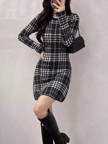 Gaun Sweater Pendek Rajut Kotak-kotak Terbaru untuk Wanita, Lengan Panjang, Potongan Ramping, Cocok untuk Dipakai di Musim Gugur/Musim Dingin - Hitam - View 4