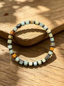 Natural Stone Amazonlite Square Bracelet, Peace & Stability, Abundance & Prosperity, Retro Style Unisex Jewelry Suitable For Casual Attire All Season - Multicolor - View 2