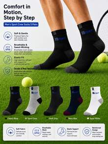 5 Pairs Men's Colorblock SPORT Logo Mid-Calf Athletic Socks, Ribbed Non-Slip Cuff, Soft Breathable Moisture-Wicking, Suitable For Running And Fitness - Multicolor - View 8