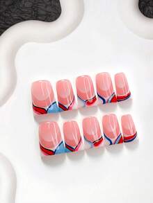 10片裝極簡風手工穿戴甲 Polygel 美甲套組，手繪圖案，紅、粉、藍色指甲油，獨特風格，附美甲工具，3種尺寸可選，杏仁甲、鴨嘴甲、棺材甲，適合派對、舞蹈、日常佩戴 - 彩色 - 查看 2
