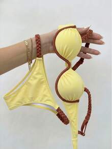 Bikinx 女款時尚編織肩帶比基尼套裝，鋼圈式一件式上衣，對比色後綁帶泳衣 - 彩色 - 查看 2