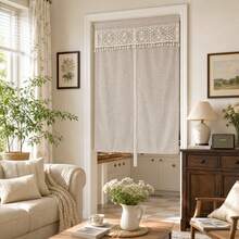 1PC Bohemian-Style Solid Color Tassel Curtain,Providing Privacy; Light Brown Faux Linen Curtain For Living Room And Bedroom;Height Adjustable Home Drapes - Beige - View 4
