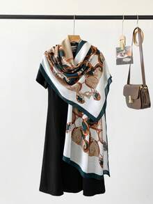 1PcVintage Chain Print Large Scarf, Soft Faux Cashmere Warm Shawl Wrap, Retro Old Money Style Fashion Neck Scarf For Women - Multicolor - View 9