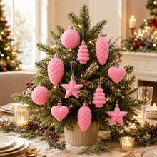 10Pcs Flocked Ornaments For Christmas Tree Holiday Hanging Decorations - Pink - View 4