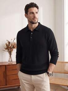 Men's Lightweight Knitted Pullover Sweater With Polo Collar, Autumn/Winter, Long Sleeve Top - Black - View 4