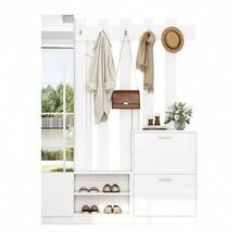 135*25*180cm Mirrored Wardrobe Set, Hallway Wardrobe, Hanging Shelf, Compact Wardrobe, With 2 Lower Drop-Down Shoe Cabinets + 2 Storage Cabinets, Suitable For Doorways, Hallways, White - White - View 3