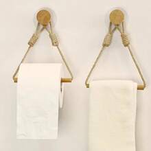 1/2 Pcs Hemp Rope Tissue Holder, Solid Wood Woven Storage Towel Rack, Face Towel Storage Rack, Creative Punch-Free Roll Paper Holder, Elegant Bathroom Toilet Paper Holder, Elegant And Practical Bathroom Accessory - Apricot - View 8