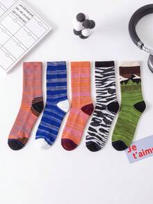 1/5/10 Pairs Ins Retro Colorblock Striped Socks, Outdoor Mountain Print Zebra Pattern Mid-Calf Socks, Unisex Versatile Happy Crazy Socks - Multicolor - View 7