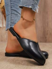 Women Black Smooth PU Closed‑Toe Mule Slippers,Round Toe Flat Silhouette, Slip‑On Backless Mules, Versatile Outdoor Slides For Daily - Black - View 5