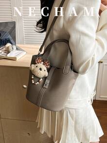 1pc Premium Lychee Texture Solid Color Bucket Bag, Minimalist Elegant Daily Shoulder Bag (Without Pendant) - Grey - View 2
