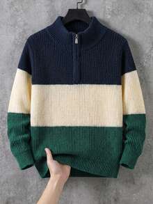 Boys' Tween BoysCollege Style Color Block Striped Half-Zip Sweater, Small Stand Collar Knit Pullover, Long Sleeve, Suitable For School, Casual, Spring, Autumn, Winter - Navy Blue - View 1