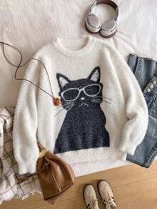 Girls' Street Style Cat Faux Mink Knit Pullover Sweater, Suitable For Casual Wear In Spring, Autumn And Winter - White - View 1