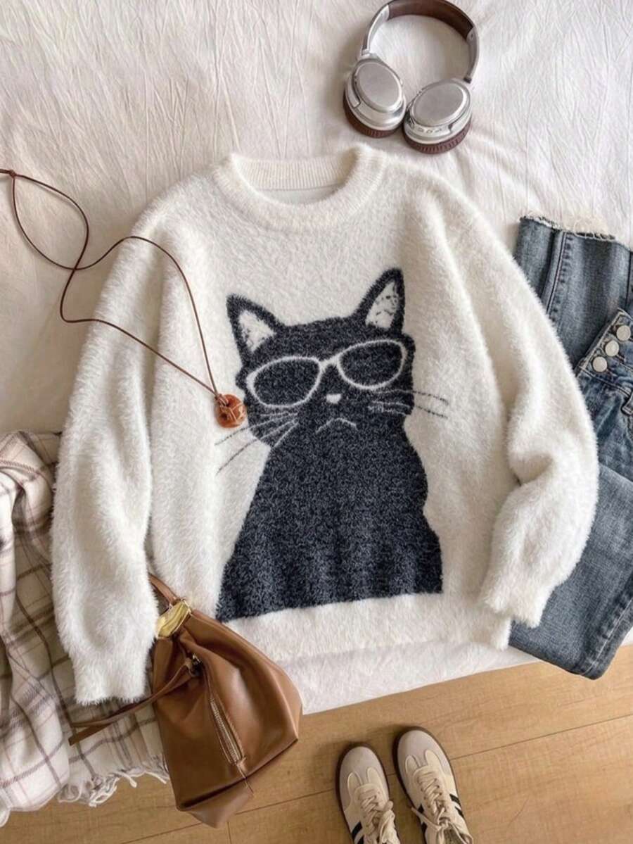 Girls' Street Style Cat Faux Mink Knit Pullover Sweater, Suitable For Casual Wear In Spring, Autumn And Winter - White - View 1