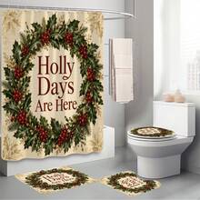 1pc/4pcs Christmas Vintage Holly Wreath Multi-Functional Bathroom Decor Shower Curtain Set, Free 12 Hooks, Premium Holiday Atmosphere, Bathroom Mat, U-Shaped Rug And Round Toilet Lid Cover, Suitable For All Christmas Scenes Decoration - Holly Wreath - View 9