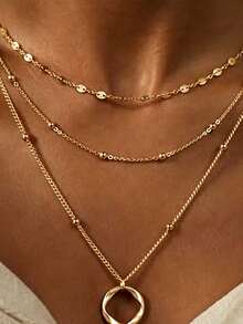 3pcs Set Minimalist Woven Bead Chain Necklace, Gold Tone, Layered Pendant Necklace Set, Suitable For Women's Daily Wear And Party Occasions - Gold - View 1