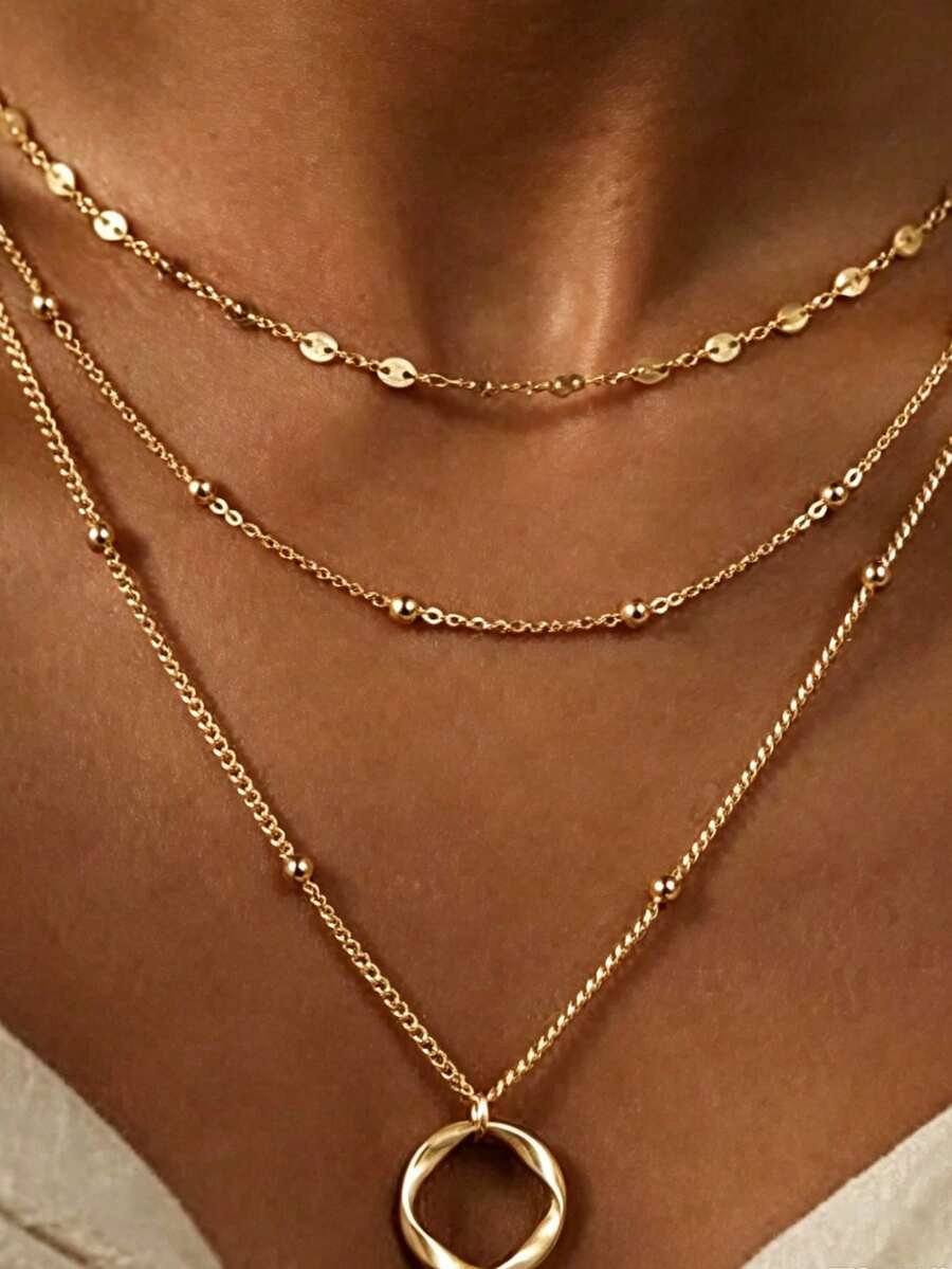 3pcs Set Minimalist Woven Bead Chain Necklace, Gold Tone, Layered Pendant Necklace Set, Suitable For Women's Daily Wear And Party Occasions - Gold - View 1