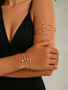 1 Set 2pcs Minimalist Versatile Creative Line Micro-Inlaid Rhinestone V-Shaped Open Adjustable Bangle Bracelet Jewelry Set Suitable For Women's Daily, Vacation And Party Wear - Gold - View 2