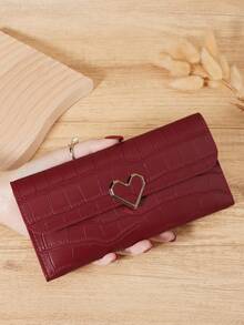 Fashionable Women's Stone Patterned Multifunctional Long Wallet, Metal Heart Decoration Three Fold Buckle Wallet, Very Suitable For Outdoor And Travel - Redwood - View 8