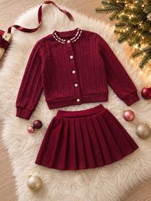 Girls' Spring/Autumn/Winter Christmas Red Sweater Set, Fashionable Beaded Decor Pearl Button Cardigan Sweater + Solid Color Pleated Skirt 2 Pieces Set - Red - View 5