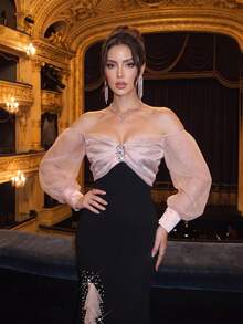 New Elegant One-Shoulder Ruffle Mermaid Long Sleeve Fitted Dress, Rhinestone Embellished, Fashion Birthday Party Gown - Black - View 7